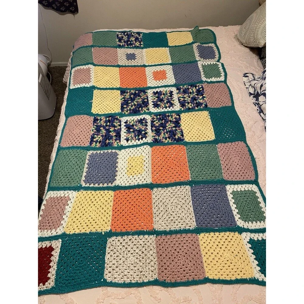 Vintage 1980s Pastel Heavy Crocheted Granny Square Throw Blanket 64x44”